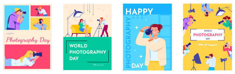 Fototapete - Photographer posters. Professional photographers or photo journalist people world photography day media event brochure, photographic camera hobby picture shot vector illustration