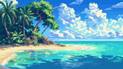 Poster - A stunning beach scene with crystal-clear turquoise water, soft white sand, lush palm trees, and a bright blue sky with fluffy clouds, evoking peace and relaxation.
