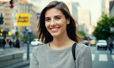 Canvas Print - Portrait of a beautiful young woman smiling in the city streets.