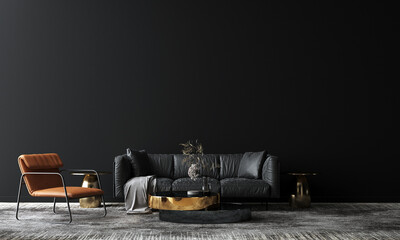 Wall Mural - Home and decoration and modern living room interior design and black wall pattern background. 3d rendering