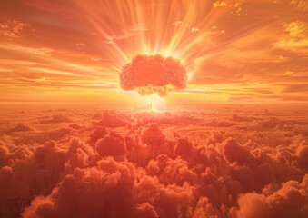 Wall Mural - Nuclear explosion, mushroom cloud in the sky, desert landscape