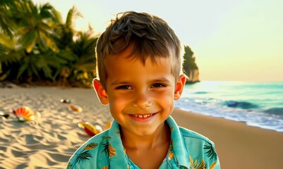 Sticker - Portrait of a smiling little boy on the beach at sunset.