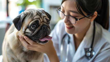 Wall Mural - Chinese female vet petting a Pug during a routine check-up, modern veterinary clinic