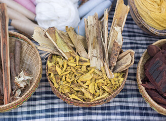 Thai dry herba herb such as in bamboo basket for made balm oil herbal or Thai traditional alternative medicine