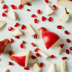 Poster - Chopped pear pieces and pomegranate seeds scattered on a white background