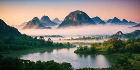 Wall Mural - Morning light illuminates the mountains and river, surrounded by fog and vibrant greenery in a tranquil setting