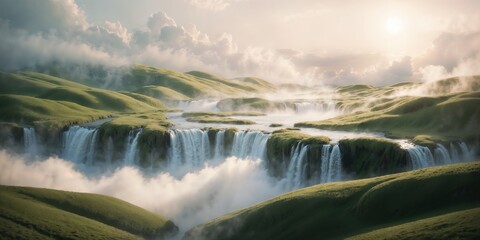 Sticker - Gentle waterfalls cascade over verdant hills, surrounded by mist and illuminated by a warm morning glow