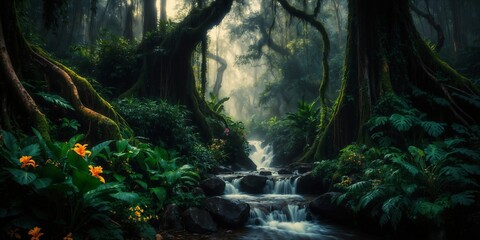 Wall Mural - A tranquil stream flows through a dense, lush forest filled with vibrant plants and flowers at dawn