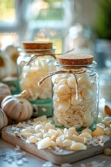 Wall Mural - canning garlic on the table. Selective focus