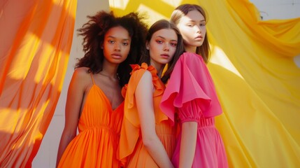 Sticker - Three women in orange dresses are posing for a photo