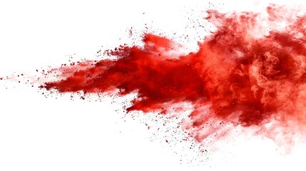 Dynamic red powder explosion isolated on white background, abstract art concept of vibrant smoke cloud