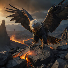 a large eagle that is flying over a mountain