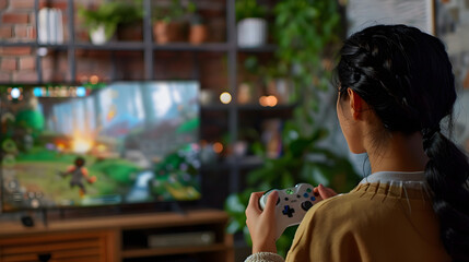 Wall Mural - a person using motion-sensing technology to play video games on a console controller.