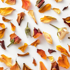 Wall Mural - Dried sunflower petal and bud scattered on white background, bowl filled with sunflower seeds