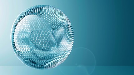 Wall Mural - 3D Rendering of a shiny, transparent sphere with a hexagonal structure on a blue background. The image evokes a sense of futuristic technology and science.