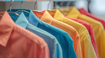 Wall Mural - background of brightly coloured shirts on hangers with space for text