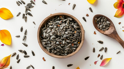 Wall Mural - Dried sunflower seeds and petal scattered on white background, bowl filled with sunflower seeds