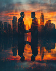 Poster - Businessmen shaking hands against a backdrop of corporate skyscrapers at sunset, double exposure, emphasizing success and partnership.