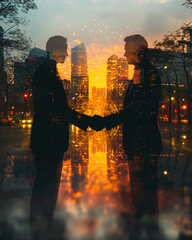 Poster - Double exposure of businessmen shaking hands with an abstract backdrop of skyscrapers at sunset, signifying agreement and business contract.