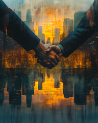 Poster - Double exposure of businessmen shaking hands with an abstract backdrop of skyscrapers at sunset, signifying agreement and business contract.