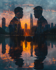 Wall Mural - Double exposure of businessmen shaking hands with an abstract backdrop of skyscrapers at sunset, signifying agreement and business contract.