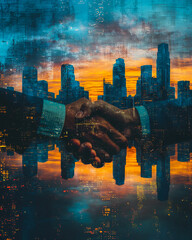 Poster - Handshake between businessmen with abstract skyscrapers and sunset background, double exposure, highlighting business agreement and cooperation.