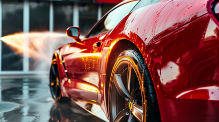 Wall Mural - Red modern sportscar being meticulously cleaned by a car wash expert