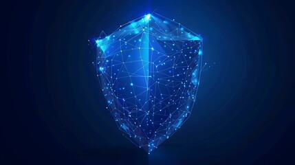 Poster - Glowing blue polygonal shield on a dark background symbolizing protection in the digital realm