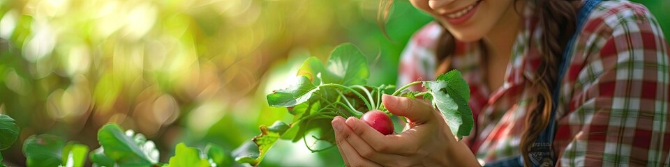 Poster - a female farmer holds a radish in her hands. Selective focus