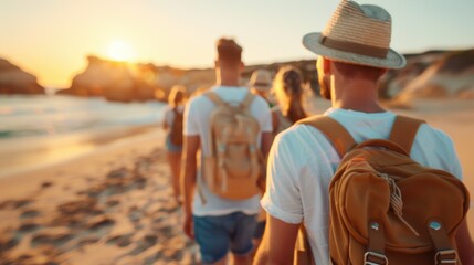 Sticker - A group of friends are walking on a beach at sunset, wearing casual summer clothes and backpacks. They enjoy a peaceful and scenic coastal walk together.