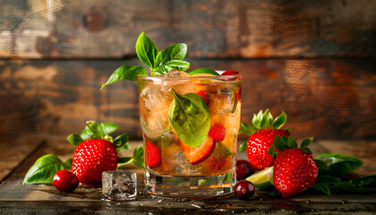 Wall Mural - Alcoholic cocktail feeling with Cachaca, cranberry drink, strawberries, lime juice, green basil, and ice cubes, vintage wooden background