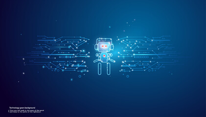 Aufkleber - Digital AI robot floating above a light blue neon portal. Technology innovation background. Cute blue polygonal futuristic bot assistant. Tech bg. Low poly wireframe vector illustration.