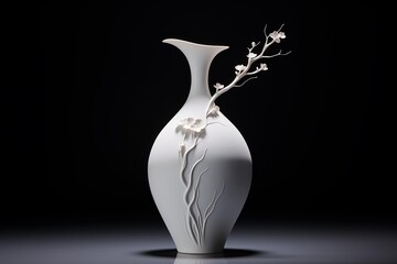 Sophisticated white vase featuring an embossed floral pattern, isolated on a dark backdrop