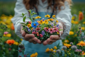 Doctors' gratitude manifesting as a blooming garden of medicinal plants, growing from their joined hands. Organic appreciation.  