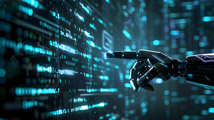 Cyber digital world android robot pointing finger computer coding AI chatbot background futuristic future digital technology artificial intelligence. Generative Ai.