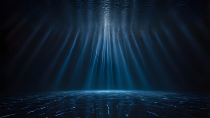 Poster - A pitch-black, damp surface with overhead light beams on top set against a deep blue backdrop, representing a notion of optimism or discovery.