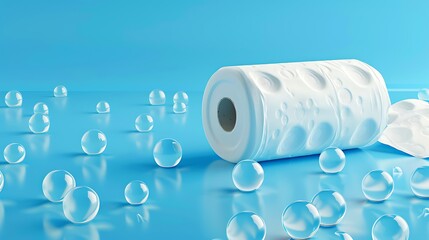Poster - White paper roll rests on a bright blue background, surrounded by clear, reflective spheres. The image captures a clean, minimalist aesthetic.