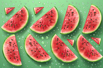 Wall Mural - Set of watermelons. Collection of ripe fruit pieces and slices, whole tasty watermelon. Fresh green natural and organic products. 