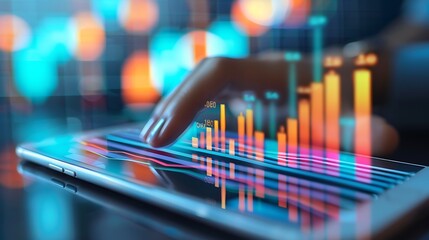 Poster - Close up of a finger interacting with a tablet screen displaying data visualizations and charts, showcasing a modern approach to business analysis.