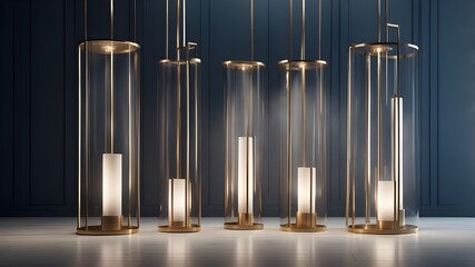 Wall Mural - elegant vertical lighting fixtures that reflect on a shiny floor and create a foggy atmosphere. idea for lighting. 3D Production