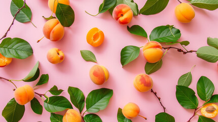 Wall Mural - Apricot pattern. Trendy summer background. Ripe fresh apricots on a pink background. Top view, flat lay. Ideal for summer sales, advertising, wrapping paper, posters, greeting cards, and cover 