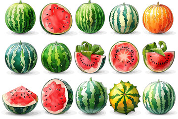 Wall Mural - Set of watermelons. Collection of ripe fruit pieces and slices, whole tasty watermelon. Fresh green natural and organic products. 