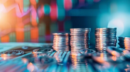 Aufkleber - A stack of coins on a table with a graph in the background
