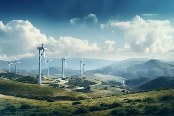 Wall Mural - Scenic view of wind turbines on rolling hills under a vibrant sky, depicting renewable energy