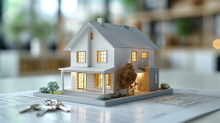 modern minimalist white house model with two keys on modern white table in a white office next to real estate documents, close up, bokeh background, home sales.