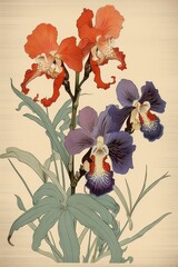 Sticker - Ukiyo-e art orchid painting flower plant.