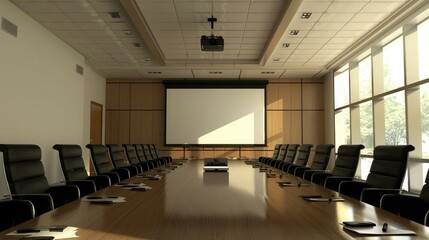 Canvas Print - Empty boardroom with a projector, symbolizing corporate meetings and presentations.