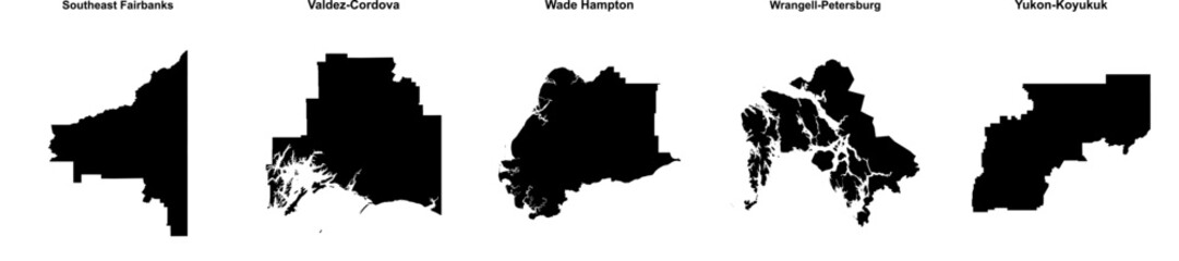 Southeast Fairbanks, Valdez-Cordova, Wade Hampton, Wrangell-Petersburg, Yukon-Koyukuk outline maps
