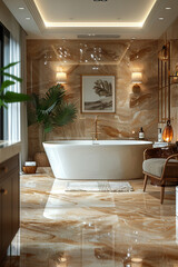 Wall Mural - A luxurious bathroom with a freestanding white bathtub, gold accents, elegant lighting, and beige marble tiles.