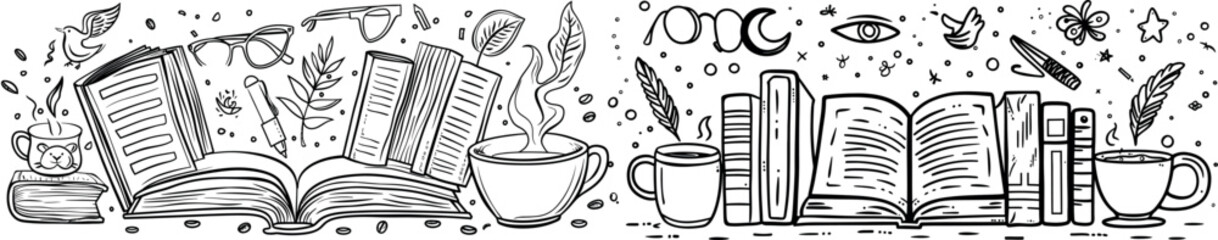 Aufkleber - Stack book sketch set. Line style sketch doodle. Library, reading, school doodle concept icon background.